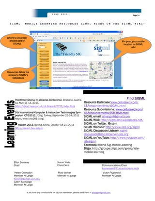 JUNE      2011
                                                                                                                                      Page 14



  SIGML         MOBILE          LEARNING              RESOURCES                LINK,         RIGHT          ON      THE     SIGML      WIKI!




Where to volunteer
 and be part of                                                                                                             Pin point your mobile
     SIGML!                                                                                                                  location on SIGML
                                                                                                                                     wiki




Resources tab is the
 access to SIGML‟s
    Databases




       Third International m-Libraries Conference, Brisbane, Austra-                               Find SIGML
       lia, May 11-13, 2011.                                         Resource Database:www.cellulared.com/
       http://library.open.ac.uk/mLibraries/2011/index.html          CEAnnouncements/SIGML.html
                                                                                  Resource Submissions: www.cellulared.com/
       5th International Computer & Instruction Technologies Sym-                 CEAnnouncements/ISTER&R.html
       posium ICTIS2011 , Elzig, Turkey, September 22-24, 2011                    SIGML email: istesigml@gmail.com
       http://www.icits2011.org/
                                                                                  SIGML Wiki: http://sigml.iste.wikispaces.net/
          mLearn 2011, Beijing, China, October 18-21, 2011                        SIGML on Twitter: @sigml
       http://mlearn.bnu.edu.cn                                                   SIGML Website: http://www.iste.org/sigml
                                                                                  SIGML Discussion Listserv: sigml-
       /                                                                          discussion@iste-listserver.iste.org
                                                                                  SIGML on YouTube: http://www.youtube.com/
                                                                                  istesigml
                                                                                  Facebook: friend Sig MobileLearning
                                                                                  Diigo: http://groups.diigo.com/group/iste-
                                                                                  mobile-learning


      Elliot Soloway                                Susan Wells                                        Karen Sorensen
      Chair                                         Chair-Elect                                        Communications Chair
                                                                                                       ksorensen@21stcenturyedu.mobi
       Helen Crompton                               Mary Waker                                         Victor Fitzjarrald
      Member At-Large                               Member At-Large                                    Member At-Large
      hcromp@email.unc.edu
      Justin Talmadge
      Member At-Large

                  If you have any contributions for a future newsletter, please send them to istesigml@gmail.com.
 