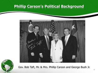 Phillip Carson’s Political Background




  Gov. Bob Taft, Mr. & Mrs. Phillip Carson and George Bush Jr.
                                                                 4
 