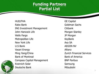 Funding Partners
                 Partial List


HUD/FHA                      GE Capital
Rabo Bank                    Goldman Sachs
ING Investment Management    Citibank
John Hancock Life            Morgan Stanley
Wells Fargo                  JP Morgan
Metropolitan Life            KeyBank
New York Life                Axa SA
U.S Bank                     AEGON NV
Vasari Energy                Allianz
Ming Yang/China              Zurich Financial Services
Bank of Montreal             Bank of America
Compass Capital Management   BNP Paribus
Krannich Solar               Samsung
Deutsche Bank                Mitsubishi
                                                         7
 