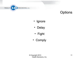 Options
• Ignore
• Delay
• Fight
• Comply
© Copyright 2013
Health Decisions, Inc.
11
 