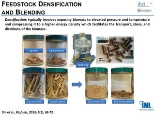 Densiﬁca:on:	
  typically	
  involves	
  exposing	
  biomass	
  to	
  elevated	
  pressure	
  and	
  temperature	
  
and	
  compressing	
  it	
  to	
  a	
  higher	
  energy	
  density	
  which	
  facilitates	
  the	
  transport,	
  store,	
  and	
  
distribute	
  of	
  the	
  biomass	
  .	
  	
  
20	
  g	
  mixed	
  flour 20	
  g	
  mixed	
  pellets
5	
  g	
  pine 5	
  g	
  eucalyptus
5	
  g	
  corn	
  stover 5	
  g	
  switchgrass
10	
  mm
Pelleting
FEEDSTOCK DENSIFICATION
AND BLENDING
16	
  
Shi	
  et	
  al.,	
  Biofuels,	
  2013,	
  4(1),	
  63-­‐72.	
  	
  
 
