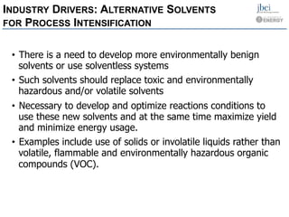  
 
 
 
INDUSTRY DRIVERS: ALTERNATIVE SOLVENTS

FOR PROCESS INTENSIFICATION

• There is a need to develop more environmentally benign
solvents or use solventless systems
• Such solvents should replace toxic and environmentally
hazardous and/or volatile solvents
• Necessary to develop and optimize reactions conditions to
use these new solvents and at the same time maximize yield
and minimize energy usage.
• Examples include use of solids or involatile liquids rather than
volatile, flammable and environmentally hazardous organic
compounds (VOC).
 