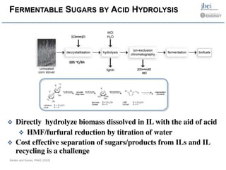 [C2mim]Cl	
  
[C2mim]Cl	
  
HCl	
  
FERMENTABLE SUGARS BY ACID HYDROLYSIS
Binder	
  and	
  Raines.	
  PNAS	
  (2010)	
  
v  Directly hydrolyze biomass dissolved in IL with the aid of acid	

v  HMF/furfural reduction by titration of water	

v  Cost effective separation of sugars/products from ILs and IL
recycling is a challenge	

105	
  oC/6h	
  
 