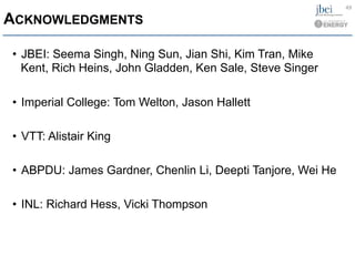 ACKNOWLEDGMENTS
•  JBEI: Seema Singh, Ning Sun, Jian Shi, Kim Tran, Mike
Kent, Rich Heins, John Gladden, Ken Sale, Steve Singer
•  Imperial College: Tom Welton, Jason Hallett
•  VTT: Alistair King
•  ABPDU: James Gardner, Chenlin Li, Deepti Tanjore, Wei He
•  INL: Richard Hess, Vicki Thompson
49	
  
 