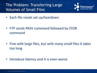 The Problem: Transferring Large 
Volumes of Small Files 
• Each file needs set up/teardown 
• FTP sends PASV command followed by STOR 
command 
• Fine with large files, but with many small files it takes 
too long 
• Introduce latency and it is even worse 
3 | © Copyright FileCatalyst, 2013 
 