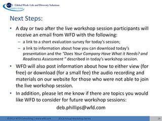 2013 Virtual Workshop Series©2013 WFD Consulting | www.wfd.com 29
Next Steps:
• A day or two after the live workshop session participants will
receive an email from WFD with the following:
– a link to a short evaluation survey for today’s session;
– a link to information about how you can download today’s
presentation and the “Does Your Company Have What it Needs? and
Readiness Assessment ” described in today’s workshop session.
• WFD will also post information about how to either view (for
free) or download (for a small fee) the audio recording and
materials on our website for those who were not able to join
the live workshop session.
• In addition, please let me know if there are topics you would
like WFD to consider for future workshop sessions:
deb.phillips@wfd.com
 