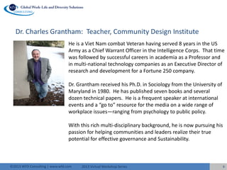 2013 Virtual Workshop Series©2013 WFD Consulting | www.wfd.com 6
Dr. Charles Grantham: Teacher, Community Design Institute
He is a Viet Nam combat Veteran having served 8 years in the US
Army as a Chief Warrant Officer in the Intelligence Corps. That time
was followed by successful careers in academia as a Professor and
in multi-national technology companies as an Executive Director of
research and development for a Fortune 250 company.
Dr. Grantham received his Ph.D. in Sociology from the University of
Maryland in 1980. He has published seven books and several
dozen technical papers. He is a frequent speaker at international
events and a “go to” resource for the media on a wide range of
workplace issues—ranging from psychology to public policy.
With this rich multi-disciplinary background, he is now pursuing his
passion for helping communities and leaders realize their true
potential for effective governance and Sustainability.
 