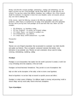Having read about the concepts paradigm, epistemology, ontology and methodology you will
begin to see how our view of the knowledge and the world affects how we plan and carry out
research. You may have noticed that different disciplines have a different view of how research
should be conducted. It is important to know how your discipline carries out research, and you
may even want to challenge this.
In this exercise, match the following concepts to the following paradigms: positivism, post-
positivism, critical theory or constructivism by typing in the appropriate code to the appropriate
box here and in your log book. Each paradigm can be used more than once. Below are a few
examples:
 PO: POsitivism -e.g. hypothesis testing;
 PP: Post -Positivism - e.g. prefers use of natural settings;
 CT: Critical Theory - e.g. research is a political act;;
 CO: COnstructivism - e.g. relativist;
 CC: Critical theory AND Constructivism - e.g. realist
Percepective:
Theory:
Theories are a set of logical propositions that are presented in a systematic way which describe
and explain any behavior. These are logically constructed statement that includes some
information in any particular area. Theories are such a statements always open for testing,
reviewing, reformulating, modifying, adding.
Paradigm:
Paradigm is a set of propositions that explain how the world is perceived it contains a world view
a way of breaking down the complexity of the real world.
Paradigms are broad theoretical formulations. They provide us a sets of assumptions that
help us to find out the description of the reality so that we derive some hypothesis.
Based on hypothesis we can have help on research on specific process and effects.
Paradigm is a whole system of thinking. It is different insight to viewing and perceiving world to
observe things and any social reality based on the basic assumptions
Types of paradigms:
 
