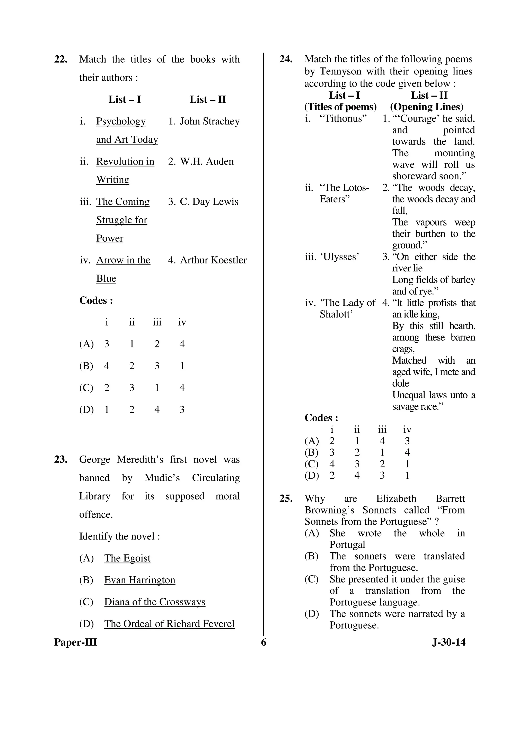 22. Match the titles of the books with 
their authors : 
List – I List – II 
i. Psychology 
and Art Today 
1. John Strachey 
ii. Revolution in 
Writing 
2. W.H. Auden 
iii. The Coming 
Struggle for 
Power 
3. C. Day Lewis 
iv. Arrow in the 
Blue 
4. Arthur Koestler 
Codes : 
i ii iii iv 
(A) 3 1 2 4 
(B) 4 2 3 1 
(C) 2 3 1 4 
(D) 1 2 4 3 
23. George Meredith’s first novel was 
banned by Mudie’s Circulating 
Library for its supposed moral 
offence. 
Identify the novel : 
(A) The Egoist 
(B) Evan Harrington 
(C) Diana of the Crossways 
(D) The Ordeal of Richard Feverel 
24. Match the titles of the following poems 
by Tennyson with their opening lines 
according to the code given below : 
List – I 
(Titles of poems) 
List – II 
(Opening Lines) 
i. “Tithonus” 1. “‘Courage’ he said, 
and pointed 
towards the land. 
The mounting 
wave will roll us 
shoreward soon.” 
ii. “The Lotos- 
Eaters” 
2. “The woods decay, 
the woods decay and 
fall, 
The vapours weep 
their burthen to the 
ground.” 
iii. ‘Ulysses’ 3. “On either side the 
river lie 
Long fields of barley 
and of rye.” 
iv. ‘The Lady of 
Shalott’ 
4. “It little profists that 
an idle king, 
By this still hearth, 
among these barren 
crags, 
Matched with an 
aged wife, I mete and 
dole 
Unequal laws unto a 
savage race.” 
Codes : 
i ii iii iv 
(A) 2 1 4 3 
(B) 3 2 1 4 
(C) 4 3 2 1 
(D) 2 4 3 1 
25. Why are Elizabeth Barrett 
Browning’s Sonnets called “From 
Sonnets from the Portuguese” ? 
(A) She wrote the whole in 
Portugal 
(B) The sonnets were translated 
from the Portuguese. 
(C) She presented it under the guise 
of a translation from the 
Portuguese language. 
(D) The sonnets were narrated by a 
Portuguese. 
Paper-III 6 J-30-14 
 