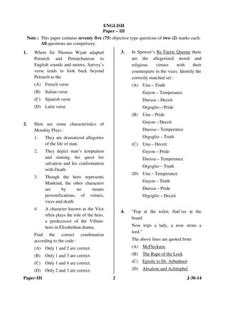 ENGLISH 
Paper – III 
Note : This paper contains seventy five (75) objective type questions of two (2) marks each. 
All qu...