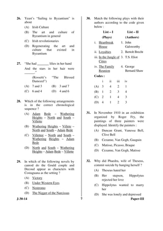 26. Yeast’s “Sailing to Byzantium” is 
about 
(A) Irish Culture 
(B) The art and culture of 
Byzantium in general 
(C) Iri...