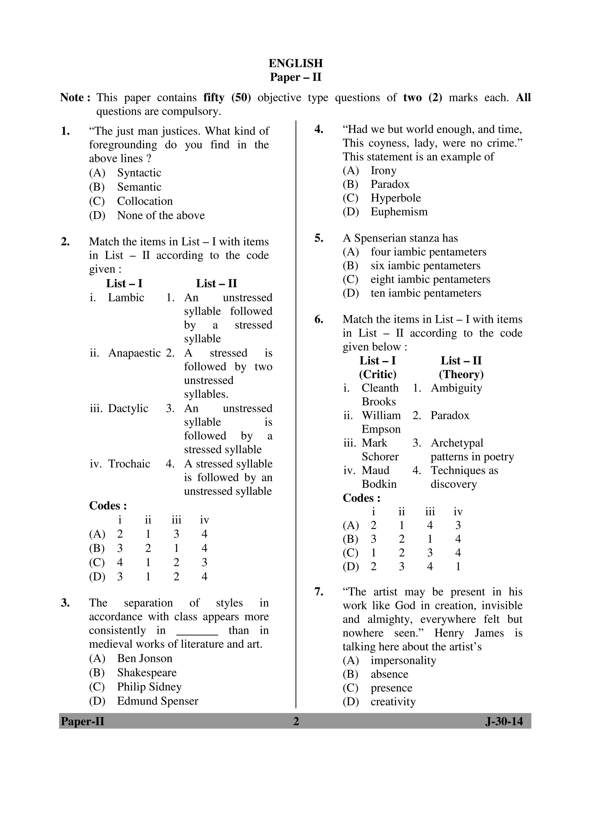 ENGLISH 
Paper – II 
Note : This paper contains fifty (50) objective type questions of two (2) marks each. All 
questions are compulsory. 
1. “The just man justices. What kind of 
foregrounding do you find in the 
above lines ? 
(A) Syntactic 
(B) Semantic 
(C) Collocation 
(D) None of the above 
2. Match the items in List – I with items 
in List – II according to the code 
given : 
List – I List – II 
i. Lambic 1. An unstressed 
syllable followed 
by a stressed 
syllable 
ii. Anapaestic 2. A stressed is 
followed by two 
unstressed 
syllables. 
iii. Dactylic 3. An unstressed 
syllable is 
followed by a 
stressed syllable 
iv. Trochaic 4. A stressed syllable 
is followed by an 
unstressed syllable 
Codes : 
i ii iii iv 
(A) 2 1 3 4 
(B) 3 2 1 4 
(C) 4 1 2 3 
(D) 3 1 2 4 
3. The separation of styles in 
accordance with class appears more 
consistently in _______ than in 
medieval works of literature and art. 
(A) Ben Jonson 
(B) Shakespeare 
(C) Philip Sidney 
(D) Edmund Spenser 
4. “Had we but world enough, and time, 
This coyness, lady, were no crime.” 
This statement is an example of 
(A) Irony 
(B) Paradox 
(C) Hyperbole 
(D) Euphemism 
5. A Spenserian stanza has 
(A) four iambic pentameters 
(B) six iambic pentameters 
(C) eight iambic pentameters 
(D) ten iambic pentameters 
6. Match the items in List – I with items 
in List – II according to the code 
given below : 
List – I 
(Critic) 
List – II 
(Theory) 
i. Cleanth 
Brooks 
1. Ambiguity 
ii. William 
Empson 
2. Paradox 
iii. Mark 
Schorer 
3. Archetypal 
patterns in poetry 
iv. Maud 
Bodkin 
4. Techniques as 
discovery 
Codes : 
i ii iii iv 
(A) 2 1 4 3 
(B) 3 2 1 4 
(C) 1 2 3 4 
(D) 2 3 4 1 
7. “The artist may be present in his 
work like God in creation, invisible 
and almighty, everywhere felt but 
nowhere seen.” Henry James is 
talking here about the artist’s 
(A) impersonality 
(B) absence 
(C) presence 
(D) creativity 
Paper-II 2 J-30-14 
 