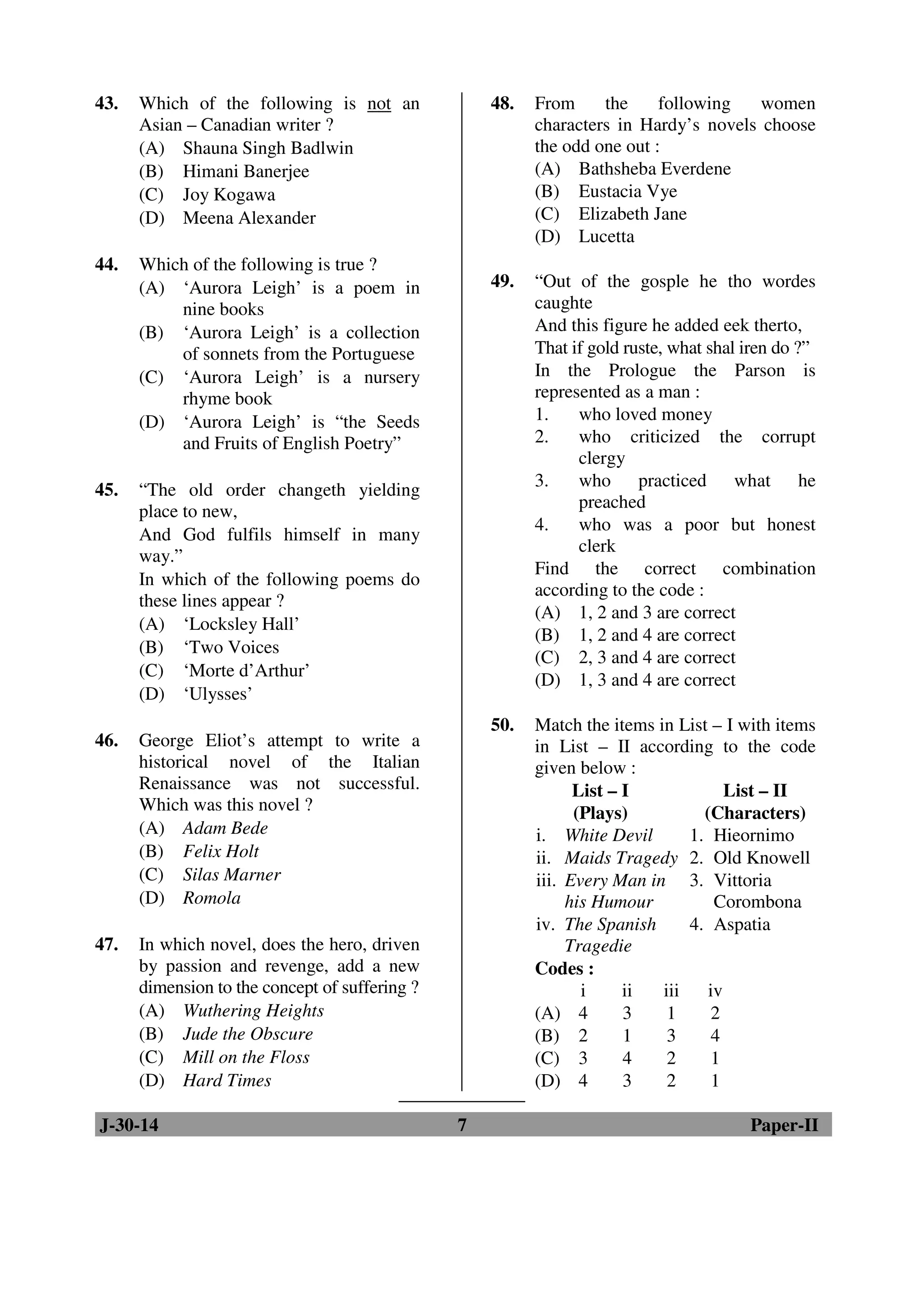 43. Which of the following is not an 
Asian – Canadian writer ? 
(A) Shauna Singh Badlwin 
(B) Himani Banerjee 
(C) Joy Kogawa 
(D) Meena Alexander 
44. Which of the following is true ? 
(A) ‘Aurora Leigh’ is a poem in 
nine books 
(B) ‘Aurora Leigh’ is a collection 
of sonnets from the Portuguese 
(C) ‘Aurora Leigh’ is a nursery 
rhyme book 
(D) ‘Aurora Leigh’ is “the Seeds 
and Fruits of English Poetry” 
45. “The old order changeth yielding 
place to new, 
And God fulfils himself in many 
way.” 
In which of the following poems do 
these lines appear ? 
(A) ‘Locksley Hall’ 
(B) ‘Two Voices 
(C) ‘Morte d’Arthur’ 
(D) ‘Ulysses’ 
46. George Eliot’s attempt to write a 
historical novel of the Italian 
Renaissance was not successful. 
Which was this novel ? 
(A) Adam Bede 
(B) Felix Holt 
(C) Silas Marner 
(D) Romola 
47. In which novel, does the hero, driven 
by passion and revenge, add a new 
dimension to the concept of suffering ? 
(A) Wuthering Heights 
(B) Jude the Obscure 
(C) Mill on the Floss 
(D) Hard Times 
48. From the following women 
characters in Hardy’s novels choose 
the odd one out : 
(A) Bathsheba Everdene 
(B) Eustacia Vye 
(C) Elizabeth Jane 
(D) Lucetta 
49. “Out of the gosple he tho wordes 
caughte 
And this figure he added eek therto, 
That if gold ruste, what shal iren do ?” 
In the Prologue the Parson is 
represented as a man : 
1. who loved money 
2. who criticized the corrupt 
clergy 
3. who practiced what he 
preached 
4. who was a poor but honest 
clerk 
Find the correct combination 
according to the code : 
(A) 1, 2 and 3 are correct 
(B) 1, 2 and 4 are correct 
(C) 2, 3 and 4 are correct 
(D) 1, 3 and 4 are correct 
50. Match the items in List – I with items 
in List – II according to the code 
given below : 
List – I 
(Plays) 
List – II 
(Characters) 
i. White Devil 1. Hieornimo 
ii. Maids Tragedy 2. Old Knowell 
iii. Every Man in 
his Humour 
3. Vittoria 
Corombona 
iv. The Spanish 
Tragedie 
4. Aspatia 
Codes : 
i ii iii iv 
(A) 4 3 1 2 
(B) 2 1 3 4 
(C) 3 4 2 1 
(D) 4 3 2 1 
J-30-14 7 Paper-II 
 