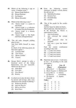 43. Which of the following is not an 
Asian – Canadian writer ? 
(A) Shauna Singh Badlwin 
(B) Himani Banerjee 
(C) Joy Kogawa 
(D) Meena Alexander 
44. Which of the following is true ? 
(A) ‘Aurora Leigh’ is a poem in 
nine books 
(B) ‘Aurora Leigh’ is a collection 
of sonnets from the Portuguese 
(C) ‘Aurora Leigh’ is a nursery 
rhyme book 
(D) ‘Aurora Leigh’ is “the Seeds 
and Fruits of English Poetry” 
45. “The old order changeth yielding 
place to new, 
And God fulfils himself in many 
way.” 
In which of the following poems do 
these lines appear ? 
(A) ‘Locksley Hall’ 
(B) ‘Two Voices 
(C) ‘Morte d’Arthur’ 
(D) ‘Ulysses’ 
46. George Eliot’s attempt to write a 
historical novel of the Italian 
Renaissance was not successful. 
Which was this novel ? 
(A) Adam Bede 
(B) Felix Holt 
(C) Silas Marner 
(D) Romola 
47. In which novel, does the hero, driven 
by passion and revenge, add a new 
dimension to the concept of suffering ? 
(A) Wuthering Heights 
(B) Jude the Obscure 
(C) Mill on the Floss 
(D) Hard Times 
48. From the following women 
characters in Hardy’s novels choose 
the odd one out : 
(A) Bathsheba Everdene 
(B) Eustacia Vye 
(C) Elizabeth Jane 
(D) Lucetta 
49. “Out of the gosple he tho wordes 
caughte 
And this figure he added eek therto, 
That if gold ruste, what shal iren do ?” 
In the Prologue the Parson is 
represented as a man : 
1. who loved money 
2. who criticized the corrupt 
clergy 
3. who practiced what he 
preached 
4. who was a poor but honest 
clerk 
Find the correct combination 
according to the code : 
(A) 1, 2 and 3 are correct 
(B) 1, 2 and 4 are correct 
(C) 2, 3 and 4 are correct 
(D) 1, 3 and 4 are correct 
50. Match the items in List – I with items 
in List – II according to the code 
given below : 
List – I 
(Plays) 
List – II 
(Characters) 
i. White Devil 1. Hieornimo 
ii. Maids Tragedy 2. Old Knowell 
iii. Every Man in 
his Humour 
3. Vittoria 
Corombona 
iv. The Spanish 
Tragedie 
4. Aspatia 
Codes : 
i ii iii iv 
(A) 4 3 1 2 
(B) 2 1 3 4 
(C) 3 4 2 1 
(D) 4 3 2 1 
J-30-14 7 Paper-II 
 