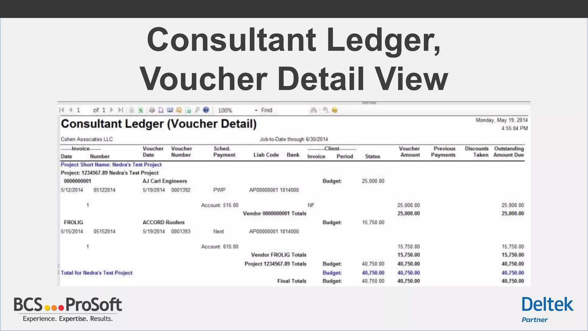 Experience. Expertise. Results.Experience. Expertise. Results.
Consultant Ledger,
Voucher Detail View
 