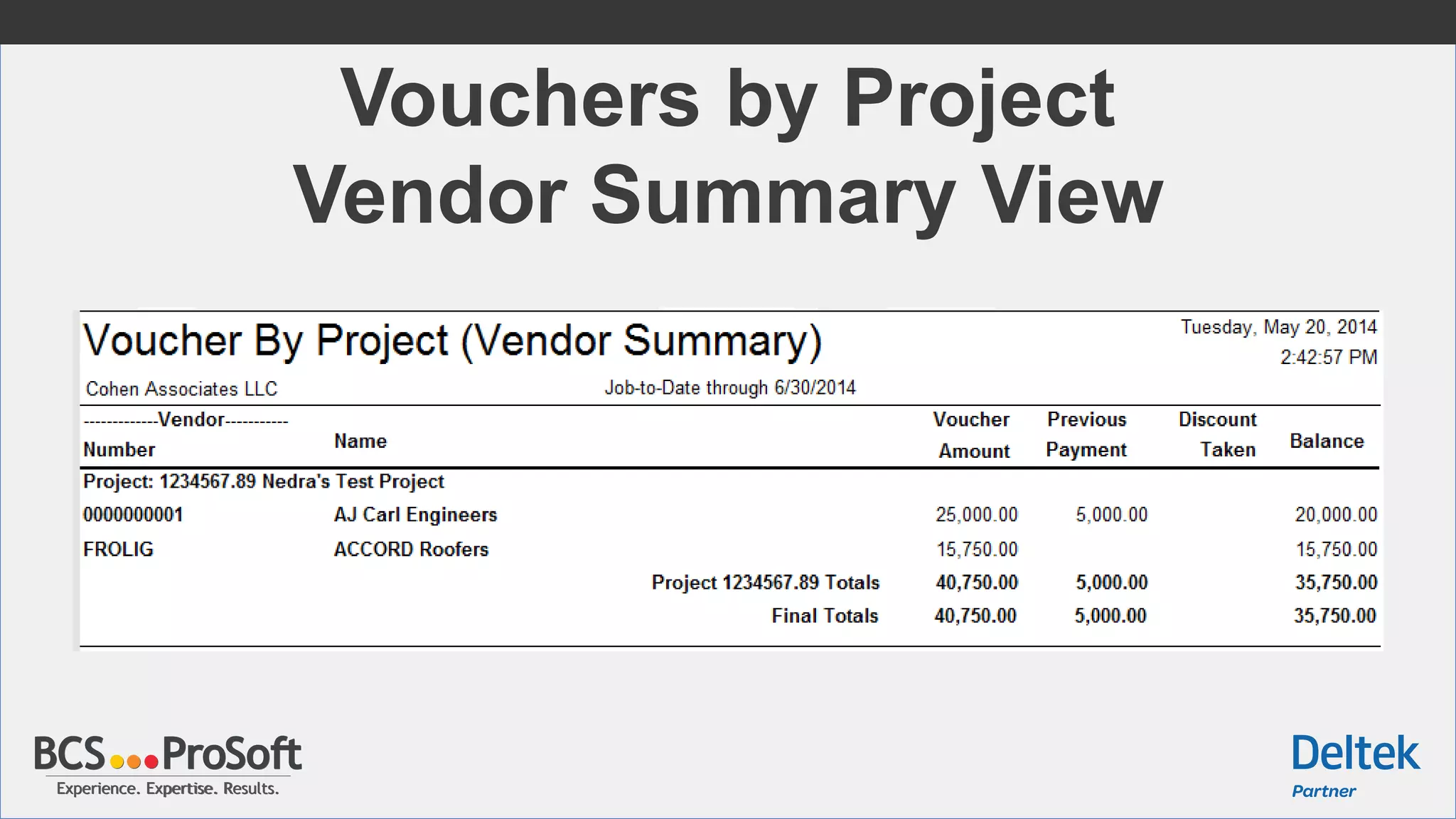 Experience. Expertise. Results.Experience. Expertise. Results.
Vouchers by Project
Vendor Summary View
 