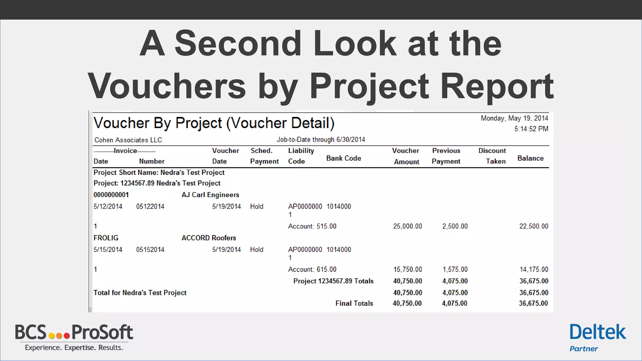 Experience. Expertise. Results.Experience. Expertise. Results.
A Second Look at the
Vouchers by Project Report
 