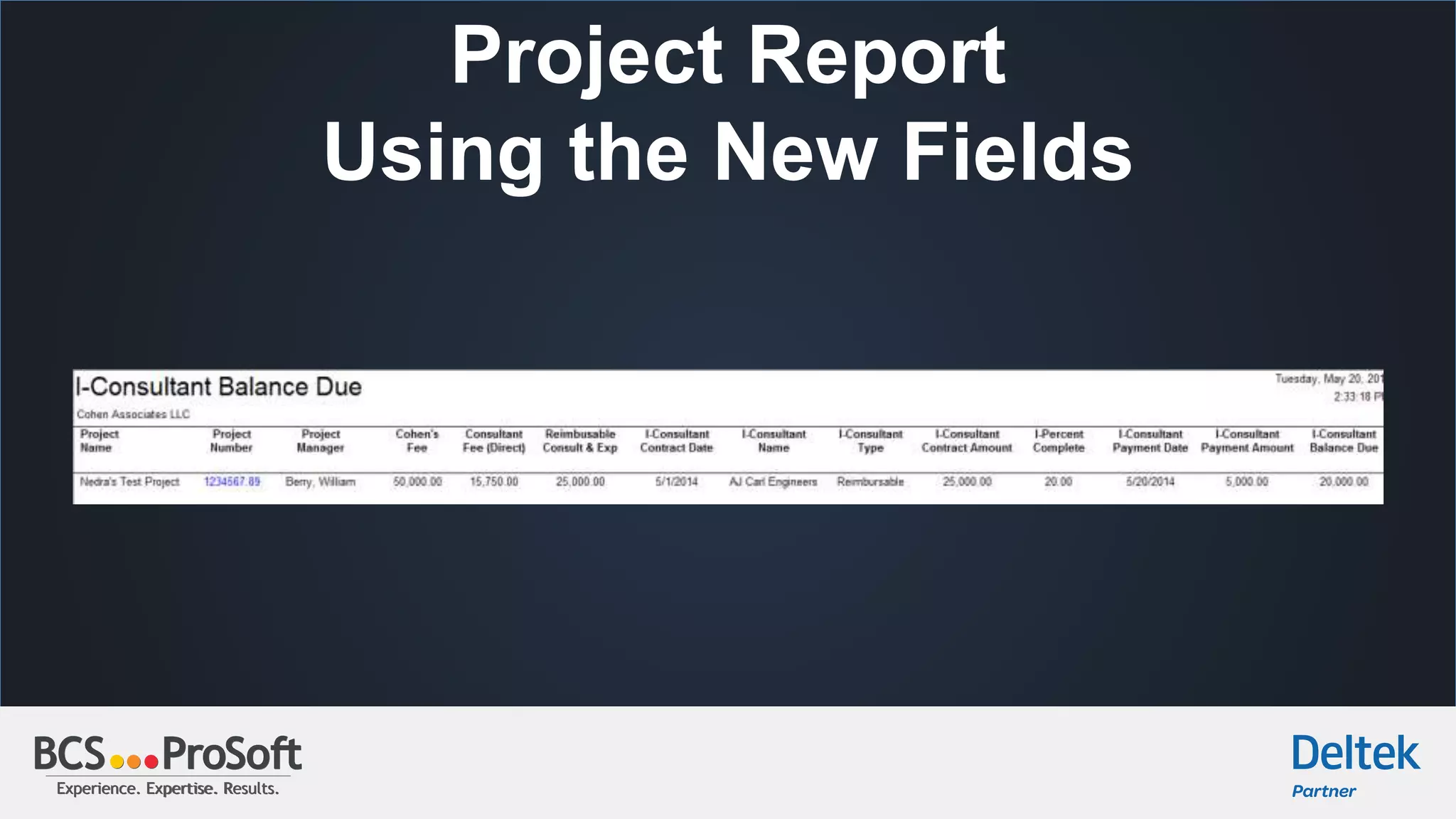 Experience. Expertise. Results.Experience. Expertise. Results.
Project Report
Using the New Fields
 