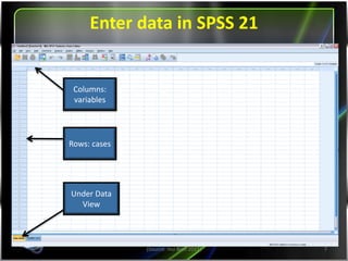 Entering data in SPSS 19.0
(Source: Hui Bian 2011) 7
Columns:
variables
Rows: cases
Under Data
View
 