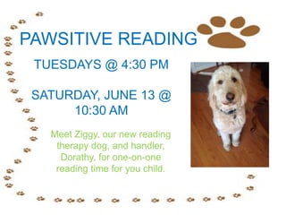 PAWSITIVE READING
TUESDAYS @ 4:30 PM
SATURDAY, JUNE 13 @
10:30 AM
Meet Ziggy, our new reading
therapy dog, and handler,
Dorathy, for one-on-one
reading time for you child.
 