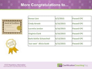 More Congratulations to...
Renee Lien 6/2/2015 Passed CPC
Cindy Arnett 6/16/2015 Passed CPC
Lucretia Jordan 6/16/2015 Passed CPC
Virginia Clark 6/16/2015 Passed CPC
Barb Ashlie Schaechtel 6/13/2015 Passed CPC
‘our own’ Alicia Scott 6/15/2015 Passed CRC
 