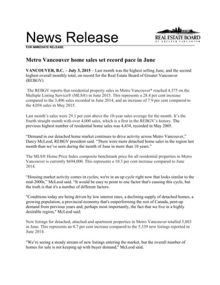 News ReleaseFOR IMMEDIATE RELEASE:
Metro Vancouver home sales set record pace in June
VANCOUVER, B.C. – July 3, 2015 – Last month was the highest selling June, and the second
highest overall monthly total, on record for the Real Estate Board of Greater Vancouver
(REBGV).
The REBGV reports that residential property sales in Metro Vancouver* reached 4,375 on the
Multiple Listing Service® (MLS®) in June 2015. This represents a 28.4 per cent increase
compared to the 3,406 sales recorded in June 2014, and an increase of 7.9 per cent compared to
the 4,056 sales in May 2015.
Last month’s sales were 29.1 per cent above the 10-year sales average for the month. It’s the
fourth straight month with over 4,000 sales, which is a first in the REBGV’s history. The
previous highest number of residential home sales was 4,434, recorded in May 2005.
“Demand in our detached home market continues to drive activity across Metro Vancouver,”
Darcy McLeod, REBGV president said. “There were more detached home sales in the region last
month than we’ve seen during the month of June in more than 10 years.”
The MLS® Home Price Index composite benchmark price for all residential properties in Metro
Vancouver is currently $694,000. This represents a 10.3 per cent increase compared to June
2014.
“Housing market activity comes in cycles; we're in an up cycle right now that looks similar to the
mid-2000s,” McLeod said. “It would be easy to point to one factor that's causing this cycle, but
the truth is that it's a number of different factors.
"Conditions today are being driven by low interest rates, a declining supply of detached homes, a
growing population, a provincial economy that's outperforming the rest of Canada, pent-up
demand from previous years and, perhaps most importantly, the fact that we live in a highly
desirable region," McLeod said.
New listings for detached, attached and apartment properties in Metro Vancouver totalled 5,803
in June. This represents an 8.7 per cent increase compared to the 5,339 new listings reported in
June 2014.
"We’re seeing a steady stream of new listings entering the market, but the overall number of
homes for sale is not keeping up with buyer demand," McLeod said.
 