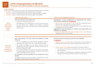 12GRA – Op Risk | Survey | SMA– June 2016 © Chappuis Halder & Co.| 2016 | All rights reserved
What are the limits? What are the suggested solutions?
Lack of granularity in the loss classes and absence of losses
frequency
• The LC is a weighted sum of the empirical averages of losses on
observed events (based on the loss classes developed above)
• The weight (3) depends on the losses’ amounts and are
calibrated by the Basel Committee through the QIS 2015 (cf.
formula LC Component §35)
• The 3 levels (defined as loss classes) are lacking in granularity.
The gaps between the loss classes are significant as they put at
a same stage different levels of losses
The variations in the losses profiles are not considered in the LC
calculus:
The weight coefficients are point in time on the QIS 2015, no future
adjustment is mentioned by the Basel Committee
Correction of the LC formula to precise the losses weighting
(cf. solution 2)
• Addition of new Loss Classes: the LC formula has to close the gaps by
including more levels for losses values especially for Loss Class 1 & 2
• Periodic review of the weighting by the Basel Committee, based on :
 The variation of the systemic and idiosyncratic risks for the period of
time considered
 The evolution of loss distributions collected by the Basel Committee
through the previous QIS and the variation of risk sensitivity
Review of
the Loss
Component
computation
Inclusion of 10 years of loss history in LC
• Losses are not discounted over time
• The difference in the underlying loss: based on the type of loss,
the amortization rate is different. For example, a technical
equipment claim versus a cash amount loss cannot be capitalize
the same way
Capitalization of losses considered as an opportunity cost, using a
discount factor explained by: (cf. solution 1)
• Risk Free rate + Internal rate of return: with the assumption that the
reference date is the date of accounting of the loss
• Exchange rate: if the losses considered are not in euros (with the same
assumption on the reference date)
Aggregation of each loss amount to a specific annual depreciation rate
adapted to its underlying:
• Losses are considered as a decreasing sequence over time as they are
weighted by their occurrence date
Losses
accounting
through the
bank’s
history
CH&Co Assumption
In the rest of this document, 3 loss classes are considered and defined in the CD as follows:
• Loss class 1 : losses on observed events with amounts lower than 10M€
• Loss class 2 : losses on observed events with amounts between 10M€ and 100M€
• Loss class 3 : losses on observed events with amounts higher than 100M€
Limits and propositions on Q2 (3/3)
Inclusion of internal data in the LC calculus
 