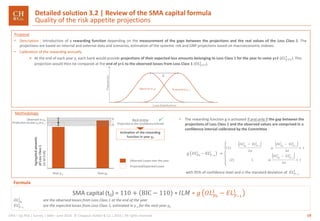 19GRA – Op Risk | Survey | SMA– June 2016 © Chappuis Halder & Co.| 2016 | All rights reserved
SMA capital (t0) = 110 + BIC − 110 ∗ 𝐼𝐿𝑀 ∗ 𝑔 𝑂𝐿 𝑦0
1
− 𝐸𝐿 𝑦−1
1
𝑂𝐿 𝑦0
1 are the observed losses from Loss Class 1 at the end of the year
𝐸𝐿 𝑦−1
1 are the expected losses from Loss Class 1, estimated in y-1 for the next year y0
• The rewarding function g is activated if and only if the gap between the
projections of Loss Class 1 and the observed values are comprised in a
confidence interval calibrated by the Committee :
with 95% of confidence level and 𝜎 the standard deviation of 𝐸𝐿 𝑦−1
1
Detailed solution 3.2 | Review of the SMA capital formula
Quality of the risk appetite projections
Methodology
Proposal
• Description : Introduction of a rewarding function depending on the measurement of the gaps between the projections and the real values of the Loss Class 1. The
projections are based on internal and external data and scenarios, estimation of the systemic risk and GNP projections based on macroeconomic indexes
• Calibration of the rewarding annually
 At the end of each year y, each bank would provide projections of their expected loss amounts belonging to Loss Class 1 for the year to come y+1 (𝐸𝐿 𝑦+1
1
). This
projection would then be compared at the end of y+1 to the observed losses from Loss Class 1 (𝑂𝐿 𝑦+1
1
).
Formula
 