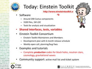 Today: Einstein Toolkit
• Software
– Around 200 Cactus components
– 3100 files, 1M LOC
– Tools for analysis and visualizat...