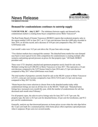 News Release
FOR IMMEDIATE RELEASE:
Demand for condominiums continues to outstrip supply
VANCOUVER, BC – July 5, 2017 – The imbalance between supply and demand in the
condominium market is creating home buyer competition across Metro Vancouver*.
The Real Estate Board of Greater Vancouver (REBGV) reports that residential property sales in
the region totalled 3,893 in June 2017, an 11.5 per cent decrease from the 4,400 sales recorded in
June 2016, an all-time record, and a decrease of 10.8 per cent compared to May 2017 when
4,364 homes sold.
Last month’s sales were 14.5 per cent above the 10-year June sales average.
“Two distinct markets have emerged this summer. The detached home market has seen demand
ease back to more typical levels while competition for condominiums is creating multiple offer
scenarios and putting upward pressure on prices for that property type,” Jill Oudil, REBGV
president said.
There were 5,721 detached, attached and apartment properties newly listed for sale on the
Multiple Listing Service® (MLS®) in Metro Vancouver in June 2017. This represents a 2.6 per
cent decrease compared to the 5,875 homes listed in June 2016 and a 5.3 per cent decrease
compared to May 2017 when 6,044 homes were listed.
The total number of properties currently listed for sale on the MLS® system in Metro Vancouver
is 8,515, a nine per cent increase compared to June 2016 (7,812) and a 4.2 per cent increase
compared to May 2017 (8,168).
“Home buyers have more selection to choose from in the detached market today while
condominium listings are near an all-time low on the MLS®,” Oudil said. “Detached home
listings have increased every month this year, while the number of condominiums for sale has
decreased each month since February.”
For all property types, the sales-to-active listings ratio for June 2017 is 45.7 per cent. By
property type, the ratio is 24.5 per cent for detached homes, 62 per cent for townhomes, and 93.2
per cent for condominiums.
Generally, analysts say that downward pressure on home prices occurs when the ratio dips below
the 12 per cent mark for a sustained period, while home prices often experience upward pressure
when it surpasses 20 per cent over several months.
 