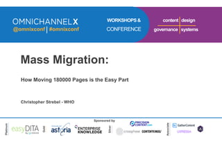 Mass Migration:
Christopher Strebel - WHO
@omnixconf #omnixconf
Sponsored by
governance systems
content design
Platinum
Gold
Silver
Associate
WORKSHOPS&
CONFERENCE
How Moving 180000 Pages is the Easy Part
 