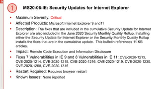 Copyright©2019Ivanti.Allrightsreserved
MS20-06-IE: Security Updates for Internet Explorer
 Maximum Severity: Critical
 Affected Products: Microsoft Internet Explorer 9 and11
 Description: The fixes that are included in the cumulative Security Update for Internet
Explorer are also included in the June 2020 Security Monthly Quality Rollup. Installing
either the Security Update for Internet Explorer or the Security Monthly Quality Rollup
installs the fixes that are in the cumulative update. This bulletin references 11 KB
articles.
 Impact: Remote Code Execution and Information Disclosure
 Fixes 7 Vulnerabilities in IE 9 and 8 Vulnerabilities in IE 11: CVE-2020-1213,
CVE-2020-1214, CVE-2020-1215, CVE-2020-1216, CVE-2020-1219, CVE-2020-1230,
CVE-2020-1260, CVE-2020-1315
 Restart Required: Requires browser restart
 Known Issues: None reported
 