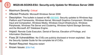 Copyright©2019Ivanti.Allrightsreserved
MS20-06-SO2K8-ESU: Security-only Update for Windows Server 2008
 Maximum Severity: Critical
 Affected Products: Microsoft Windows Server 2008
 Description: This bulletin is based on KB 4561645. Security updates to Windows App
Platform and Frameworks, Windows Kernel, Microsoft Graphics Component, Windows
Input and Composition, Windows Media, Windows Cloud Infrastructure, Windows
Peripherals, Windows File Server and Clustering, Windows Hybrid Storage Services,
and the Microsoft JET Database Engine.
 Impact: Remote Code Execution, Denial of Service, Elevation of Privilege, and
Information Disclosure
 Fixes 26 Vulnerabilities: No CVEs are publicly disclosed or known exploited. See
the Security Update Guide for the complete list of CVEs.
 Restart Required: Requires restart
 Known Issues: [ESU Fail]
 