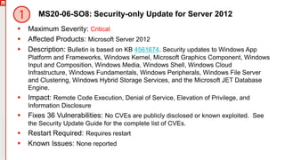 Copyright©2019Ivanti.Allrightsreserved
MS20-06-SO8: Security-only Update for Server 2012
 Maximum Severity: Critical
 Affected Products: Microsoft Server 2012
 Description: Bulletin is based on KB 4561674. Security updates to Windows App
Platform and Frameworks, Windows Kernel, Microsoft Graphics Component, Windows
Input and Composition, Windows Media, Windows Shell, Windows Cloud
Infrastructure, Windows Fundamentals, Windows Peripherals, Windows File Server
and Clustering, Windows Hybrid Storage Services, and the Microsoft JET Database
Engine.
 Impact: Remote Code Execution, Denial of Service, Elevation of Privilege, and
Information Disclosure
 Fixes 36 Vulnerabilities: No CVEs are publicly disclosed or known exploited. See
the Security Update Guide for the complete list of CVEs.
 Restart Required: Requires restart
 Known Issues: None reported
 