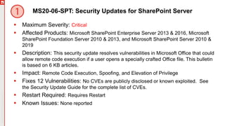 Copyright©2019Ivanti.Allrightsreserved
MS20-06-SPT: Security Updates for SharePoint Server
 Maximum Severity: Critical
 Affected Products: Microsoft SharePoint Enterprise Server 2013 & 2016, Microsoft
SharePoint Foundation Server 2010 & 2013, and Microsoft SharePoint Server 2010 &
2019
 Description: This security update resolves vulnerabilities in Microsoft Office that could
allow remote code execution if a user opens a specially crafted Office file. This bulletin
is based on 6 KB articles.
 Impact: Remote Code Execution, Spoofing, and Elevation of Privilege
 Fixes 12 Vulnerabilities: No CVEs are publicly disclosed or known exploited. See
the Security Update Guide for the complete list of CVEs.
 Restart Required: Requires Restart
 Known Issues: None reported
 