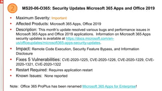 Copyright©2019Ivanti.Allrightsreserved
MS20-06-O365: Security Updates Microsoft 365 Apps and Office 2019
 Maximum Severity: Important
 Affected Products: Microsoft 365 Apps, Office 2019
 Description: This month’s update resolved various bugs and performance issues in
Microsoft 365 Apps and Office 2019 applications. Information on Microsoft 365 Apps
security updates is available at https://docs.microsoft.com/en-
us/officeupdates/microsoft365-apps-security-updates.
 Impact: Remote Code Execution, Security Feature Bypass, and Information
Disclosure
 Fixes 5 Vulnerabilities: CVE-2020-1225, CVE-2020-1226, CVE-2020-1229, CVE-
2020-1321, CVE-2020-1322
 Restart Required: Requires application restart
 Known Issues: None reported
Note: Office 365 ProPlus has been renamed Microsoft 365 Apps for Enterprise!
 