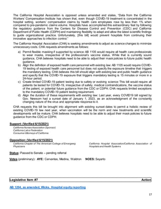 17
The California Hospital Association is opposed unless amended and states, “Data from the California
Workers’ Compensation Institute has shown that, even though COVID-19 treatment is concentrated in the
hospital setting, workers’ compensation claims by health care employees rose by less than 1% when
compared to pre-pandemic claims volume. Hospitals have accomplished this extraordinary feat by following
the regulatory guidance from the Centers for Disease Control and Prevention (CDC) and California
Department of Public Health (CDPH) and maintaining flexibility to adapt and allow the latest scientific findings
to guide organizational practice. Unfortunately, [this bill] would prevent hospitals from continuing their
innovative approaches to infection control.”
The California Hospital Association (CHA) is seeking amendments to adjust as science changes to minimize
unnecessary costs. CHA requests amendments as follows:
a) Permit flexible masking if supported by science: AB 1105 would require all health care professionals
to wear masks, irrespective of the professional’s vaccine status. While that is currently sound
guidance, CHA believes hospitals need to be able to adjust their mask policies to future public health
guidance.
b) Align the definition of exposed health care personnel with existing law: AB 1105 would require COVID-
19 testing of exposed health care personnel but does not specify the exposure timeline that triggers
the mandatory testing. CHA believes this bill should align with existing law and public health guidance
and specify that the COVID-19 exposure that triggers mandatory testing is 15 minutes or more in a
24-hour period.
c) Create limited COVID-19 patient testing due to safety or evolving science: This bill would require all
patients be tested for COVID-19, irrespective of safety, medical contraindications, the vaccine status
of the patient, or potential future guidance from the CDC or CDPH. CHA requests limited exceptions
to the mandatory COVID-19 patient testing requirement.
d) Align the duration of these requirements with existing law: Last year, every COVID19 bill signed by
Gov. Newsom had a sunset date of January 1, 2023, as an acknowledgment of the constantly
changing nature of the virus and appropriate response to it.
CHA requests this bill be brought into alignment with existing sunset dates to permit a holistic review of
existing COVID-19 law next year, when vaccination will be the norm and new treatments and scientific
developments will be mature. CHA believes hospitals need to be able to adjust their mask policies to future
guidance from the CDC or CDPH.
Support: (Verified 6/15/2021)
California Nurses Association (Sponsor)
California Labor Federation
Consumer Attorneys of California
Opposition: (Verified 6/15/2021)
California Chapter of The American College of Emergency
Physicians
California Hospital Association/California Association of
Hospitals and Health Systems
Status: Passed to Senate – pending referral
Votes (preliminary): AYE: Cervantes, Medina, Waldron NOES: Seyarto
Legislative Item #7 Action
AB 1204, as amended, Wicks. Hospital equity reporting
 