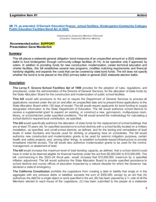 6
Legislative Item #1 Action
AB 75, as amended, O’Donnell. Education finance: school facilities: Kindergarten-Community Colleges
Public Education Facilities Bond Act of 2022.
Introduced by Assembly Member O’Donnell
(Coauthor: Assembly Member Medina)
Recommended action: SUPPORT
Presentation:Gene Wunderlich
Summary:
This bill places a statewide general obligation bond measures of an unspecified amount on a 2022 statewide
ballot to fund kindergarten through community college facilities (K-14), to be operative only if approved by
voters. In addition to providing funds for new construction, modernization, career technical education and
charter facilities, this bill establishes several new programs, modifies matching requirements and financial
hardship eligibility and expands the costs that can be covered by state bond funds. The bill does not specify
whether the bond is to be placed on the 2022 primary ballot or general 2022 statewide election ballot.
Description:
The Leroy F. Greene School Facilities Act of 1998 provides for the adoption of rules, regulations, and
procedures, under the administration of the Director of General Services, for the allocation of state funds by
the State Allocation Board for the construction and modernization of public school facilities.
This bill would add provisions to the act to require the Department of General Services to process all
applications received under the act on and after an unspecified date and to present those applications to the
State Allocation Board within 120 days of receipt. The bill would require applicants for bond funding to supply
designated information to the State Department of Education. The bill would authorize school districts to
receive a supplemental grant to expand an existing, or construct a new, gymnasium, multipurpose room,
library, or school kitchen under specified conditions. The bill would amend the methodology for calculating a
school district’s required local contribution, as specified.
The bill would specifically authorize the allocation of state funds for the replacement of school buildings that
are at least 75 years old, for specified assistance to school districts with a school facility located on a military
installation, as specified, and small school districts, as defined, and for the testing and remediation of lead
levels in water fountains and faucets used for drinking or preparing food on schoolsites. The bill would
authorize new construction and modernization grants to be used for seismic mitigation purposes, certain
health and safety projects, and, among other things, to establish schoolsite-based infrastructure to provide
broadband internet access. The bill would also authorize modernization grants to be used for the control,
management, or abatement of lead.
The bill would increase the maximum level of total bonding capacity, as defined, that a school district could
have in order to be deemed eligible for financial hardship under the act from $5,000,000 to $15,000,000. The
bill, commencing in the 2023–24 fiscal year, would increase that $15,000,000 maximum by a specified
inflation adjustment. The bill would authorize the State Allocation Board to provide specified assistance to
school districts and county offices of education impacted by a natural disaster for which the Governor has
declared a state of emergency.
The California Constitution prohibits the Legislature from creating a debt or liability that singly or in the
aggregate with any previous debts or liabilities exceeds the sum of $300,000, except by an act that (A)
authorizes the debt for a single object or work specified in the act, (B) has been passed by a 2
/3 vote of all the
Members elected to each house of the Legislature, (C) has been submitted to the people at a statewide
 