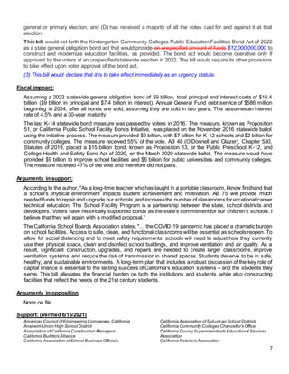 7
general or primary election, and (D) has received a majority of all the votes cast for and against it at that
election.
This bill would set forth the Kindergarten-Community Colleges Public Education Facilities Bond Act of 2022
as a state general obligation bond act that would provide an unspecified amount of funds $12,000,000,000 to
construct and modernize education facilities, as provided. The bond act would become operative only if
approved by the voters at an unspecified statewide election in 2022. The bill would require its other provisions
to take effect upon voter approval of the bond act.
(3) This bill would declare that it is to take effect immediately as an urgency statute.
Fiscal impoact:
Assuming a 2022 statewide general obligation bond of $9 billion, total principal and interest costs of $16.4
billion ($9 billion in principal and $7.4 billion in interest). Annual General Fund debt service of $586 million
beginning in 2024, after all bonds are sold, assuming they are sold in two years. This assumes an interest
rate of 4.5% and a 30-year maturity
The last K-14 statewide bond measure was passed by voters in 2016. The measure, known as Proposition
51, or California Public School Facility Bonds Initiative, was placed on the November 2016 statewide ballot
using the initiative process. The measure provided $9 billion, with $7 billion for K-12 schools and $2 billion for
community colleges. The measure received 55% of the vote. AB 48 (O’Donnell and Glazer), Chapter 530,
Statutes of 2019, placed a $15 billion bond, known as Proposition 13, or the Public Preschool, K-12, and
College Health and Safety Bond Act of 2020, on the March 2020 statewide ballot. The measure would have
provided $9 billion to improve school facilities and $6 billion for public universities and community colleges.
The measure received 47% of the vote and therefore did not pass.
Arguments in support:
According to the author, "As a long-time teacher who has taught in a portable classroom,I know firsthand that
a school's physical environment impacts student achievement and motivation. AB 75 will provide much
needed funds to repair and upgrade our schools,and increasethe number of classrooms forvocational/career
technical education. The School Facility Program is a partnership between the state, school districts and
developers. Voters have historically supported bonds as the state's commitment for our children's schools. I
believe that they will again with a modified proposal."
The California School Boards Association states, "… the COVID-19 pandemic has placed a dramatic burden
on school facilities. Access to safe, clean, and functional classrooms will be essential as schools reopen. To
allow for social distancing and to meet safety requirements, schools will need to adjust how they currently
use their physical space, clean and disinfect school buildings, and improve ventilation and air quality. As a
result, significant construction, upgrades, and repairs are needed to create larger classrooms, improve
ventilation systems, and reduce the risk of transmission in shared spaces. Students deserve to be in safe,
healthy, and sustainable environments. A long-term plan that includes a robust discussion of the key role of
capital finance is essential to the lasting success of California's education systems – and the students they
serve. This bill alleviates the financial burden on both the institutions and students, while also constructing
facilities that reflect the needs of the 21st century students.
Arguments in opposition
None on file.
Support: (Verified 6/15/2021)
American Council ofEngineering Companies, California
Anaheim Union High School District
Association of California Construction Managers
California Builders Alliance
California Association ofSchool Business Officials
California Association ofSuburban School Districts
California Community Colleges Chancellor’s Office
California County Superintendents Educational Services
Association
California Retailers Association
 