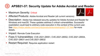 Copyright © 2021 Ivanti. All rights reserved.
APSB21-37: Security Update for Adobe Acrobat and Reader
 Maximum Severity: ...