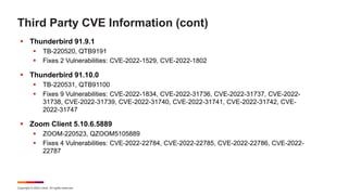 Copyright © 2022 Ivanti. All rights reserved.
Third Party CVE Information (cont)
 Thunderbird 91.9.1
 TB-220520, QTB9191
 Fixes 2 Vulnerabilities: CVE-2022-1529, CVE-2022-1802
 Thunderbird 91.10.0
 TB-220531, QTB91100
 Fixes 9 Vulnerabilities: CVE-2022-1834, CVE-2022-31736, CVE-2022-31737, CVE-2022-
31738, CVE-2022-31739, CVE-2022-31740, CVE-2022-31741, CVE-2022-31742, CVE-
2022-31747
 Zoom Client 5.10.6.5889
 ZOOM-220523, QZOOM5105889
 Fixes 4 Vulnerabilities: CVE-2022-22784, CVE-2022-22785, CVE-2022-22786, CVE-2022-
22787
 