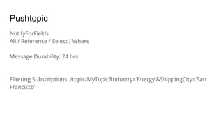 Pushtopic
NotifyForFields
All / Reference / Select / Where
Message Durability: 24 hrs
Filtering Subscriptions: /topic/MyTopic?Industry='Energy'&ShippingCity='San
Francisco'
 