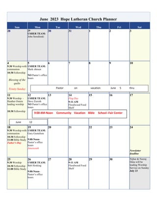June 2023 Calendar of Events