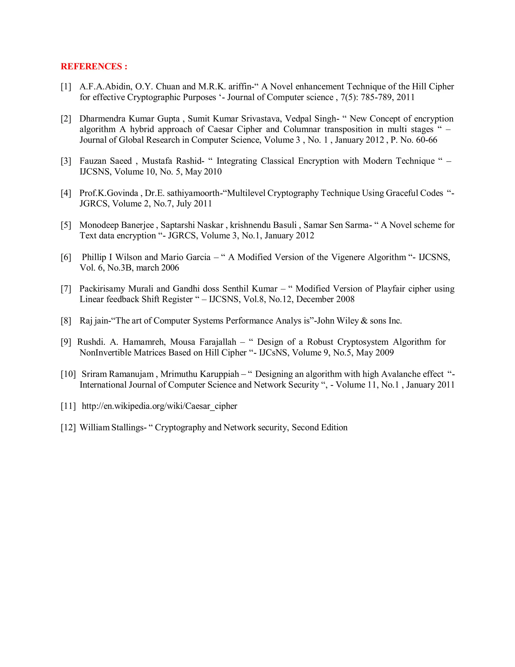 REFERENCES :
[1] A.F.A.Abidin, O.Y. Chuan and M.R.K. ariffin-“ A Novel enhancement Technique of the Hill Cipher
for effective Cryptographic Purposes ‘- Journal of Computer science , 7(5): 785-789, 2011
[2] Dharmendra Kumar Gupta , Sumit Kumar Srivastava, Vedpal Singh- “ New Concept of encryption
algorithm A hybrid approach of Caesar Cipher and Columnar transposition in multi stages “ –
Journal of Global Research in Computer Science, Volume 3 , No. 1 , January 2012 , P. No. 60-66
[3] Fauzan Saeed , Mustafa Rashid- “ Integrating Classical Encryption with Modern Technique “ –
IJCSNS, Volume 10, No. 5, May 2010
[4] Prof.K.Govinda , Dr.E. sathiyamoorth-“Multilevel Cryptography Technique Using Graceful Codes “-
JGRCS, Volume 2, No.7, July 2011
[5] Monodeep Banerjee , Saptarshi Naskar , krishnendu Basuli , Samar Sen Sarma- “ A Novel scheme for
Text data encryption “- JGRCS, Volume 3, No.1, January 2012
[6] Phillip I Wilson and Mario Garcia – “ A Modified Version of the Vigenere Algorithm “- IJCSNS,
Vol. 6, No.3B, march 2006
[7] Packirisamy Murali and Gandhi doss Senthil Kumar – “ Modified Version of Playfair cipher using
Linear feedback Shift Register “ – IJCSNS, Vol.8, No.12, December 2008
[8] Raj jain-“The art of Computer Systems Performance Analys is”-John Wiley & sons Inc.
[9] Rushdi. A. Hamamreh, Mousa Farajallah – “ Design of a Robust Cryptosystem Algorithm for
NonInvertible Matrices Based on Hill Cipher “- IJCsNS, Volume 9, No.5, May 2009
[10] Sriram Ramanujam , Mrimuthu Karuppiah – “ Designing an algorithm with high Avalanche effect “-
International Journal of Computer Science and Network Security “, - Volume 11, No.1 , January 2011
[11] http://en.wikipedia.org/wiki/Caesar_cipher
[12] William Stallings- “ Cryptography and Network security, Second Edition
 