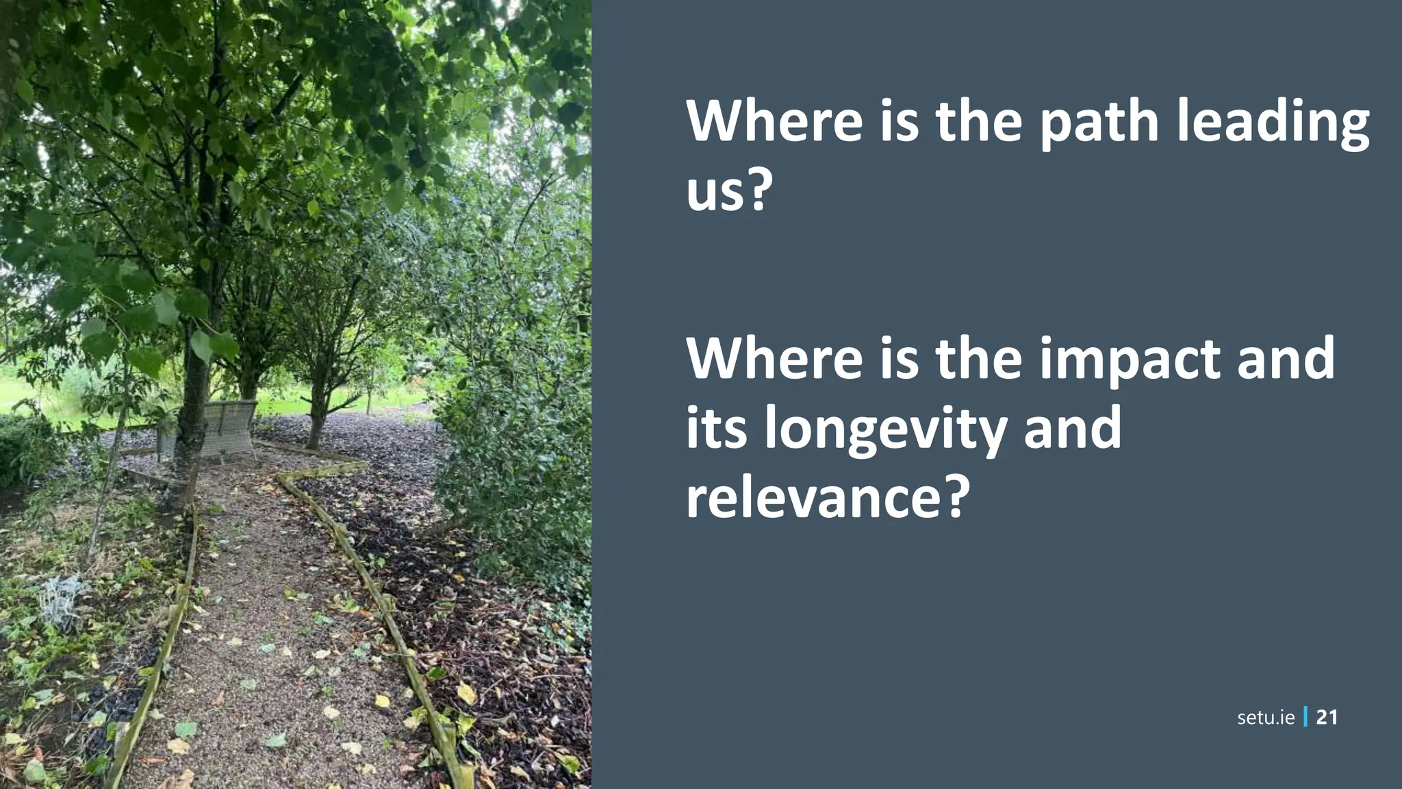 setu.ie 21
Where is the path leading
us?
Where is the impact and
its longevity and
relevance?
 