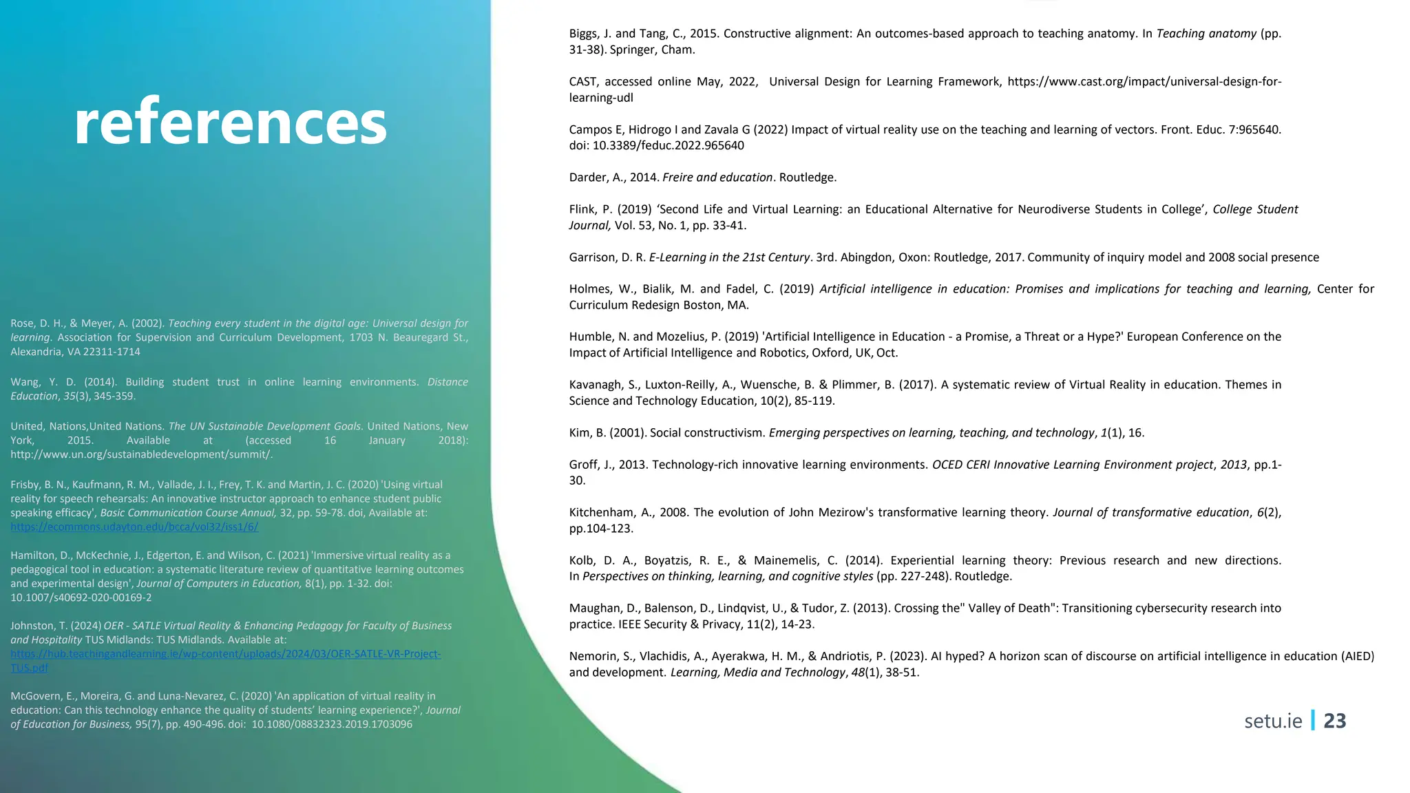 setu.ie 23
references
Rose, D. H., & Meyer, A. (2002). Teaching every student in the digital age: Universal design for
learning. Association for Supervision and Curriculum Development, 1703 N. Beauregard St.,
Alexandria, VA 22311-1714
Wang, Y. D. (2014). Building student trust in online learning environments. Distance
Education, 35(3), 345-359.
United, Nations,United Nations. The UN Sustainable Development Goals. United Nations, New
York, 2015. Available at (accessed 16 January 2018):
http://www.un.org/sustainabledevelopment/summit/.
Frisby, B. N., Kaufmann, R. M., Vallade, J. I., Frey, T. K. and Martin, J. C. (2020) 'Using virtual
reality for speech rehearsals: An innovative instructor approach to enhance student public
speaking efficacy', Basic Communication Course Annual, 32, pp. 59-78. doi, Available at:
https://ecommons.udayton.edu/bcca/vol32/iss1/6/
Hamilton, D., McKechnie, J., Edgerton, E. and Wilson, C. (2021) 'Immersive virtual reality as a
pedagogical tool in education: a systematic literature review of quantitative learning outcomes
and experimental design', Journal of Computers in Education, 8(1), pp. 1-32. doi:
10.1007/s40692-020-00169-2
Johnston, T. (2024) OER - SATLE Virtual Reality & Enhancing Pedagogy for Faculty of Business
and Hospitality TUS Midlands: TUS Midlands. Available at:
https://hub.teachingandlearning.ie/wp-content/uploads/2024/03/OER-SATLE-VR-Project-
TUS.pdf
McGovern, E., Moreira, G. and Luna-Nevarez, C. (2020) 'An application of virtual reality in
education: Can this technology enhance the quality of students’ learning experience?', Journal
of Education for Business, 95(7), pp. 490-496. doi: 10.1080/08832323.2019.1703096
Biggs, J. and Tang, C., 2015. Constructive alignment: An outcomes-based approach to teaching anatomy. In Teaching anatomy (pp.
31-38). Springer, Cham.
CAST, accessed online May, 2022, Universal Design for Learning Framework, https://www.cast.org/impact/universal-design-for-
learning-udl
Campos E, Hidrogo I and Zavala G (2022) Impact of virtual reality use on the teaching and learning of vectors. Front. Educ. 7:965640.
doi: 10.3389/feduc.2022.965640
Darder, A., 2014. Freire and education. Routledge.
Flink, P. (2019) ‘Second Life and Virtual Learning: an Educational Alternative for Neurodiverse Students in College’, College Student
Journal, Vol. 53, No. 1, pp. 33-41.
Garrison, D. R. E-Learning in the 21st Century. 3rd. Abingdon, Oxon: Routledge, 2017. Community of inquiry model and 2008 social presence
Holmes, W., Bialik, M. and Fadel, C. (2019) Artificial intelligence in education: Promises and implications for teaching and learning, Center for
Curriculum Redesign Boston, MA.
Humble, N. and Mozelius, P. (2019) 'Artificial Intelligence in Education - a Promise, a Threat or a Hype?' European Conference on the
Impact of Artificial Intelligence and Robotics, Oxford, UK, Oct.
Kavanagh, S., Luxton-Reilly, A., Wuensche, B. & Plimmer, B. (2017). A systematic review of Virtual Reality in education. Themes in
Science and Technology Education, 10(2), 85-119.
Kim, B. (2001). Social constructivism. Emerging perspectives on learning, teaching, and technology, 1(1), 16.
Groff, J., 2013. Technology-rich innovative learning environments. OCED CERI Innovative Learning Environment project, 2013, pp.1-
30.
Kitchenham, A., 2008. The evolution of John Mezirow's transformative learning theory. Journal of transformative education, 6(2),
pp.104-123.
Kolb, D. A., Boyatzis, R. E., & Mainemelis, C. (2014). Experiential learning theory: Previous research and new directions.
In Perspectives on thinking, learning, and cognitive styles (pp. 227-248). Routledge.
Maughan, D., Balenson, D., Lindqvist, U., & Tudor, Z. (2013). Crossing the" Valley of Death": Transitioning cybersecurity research into
practice. IEEE Security & Privacy, 11(2), 14-23.
Nemorin, S., Vlachidis, A., Ayerakwa, H. M., & Andriotis, P. (2023). AI hyped? A horizon scan of discourse on artificial intelligence in education (AIED)
and development. Learning, Media and Technology, 48(1), 38-51.
 