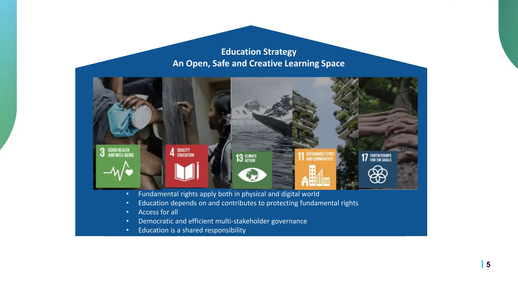 5
Education Strategy
An Open, Safe and Creative Learning Space
• Fundamental rights apply both in physical and digital world
• Education depends on and contributes to protecting fundamental rights
• Access for all
• Democratic and efficient multi-stakeholder governance
• Education is a shared responsibility
 