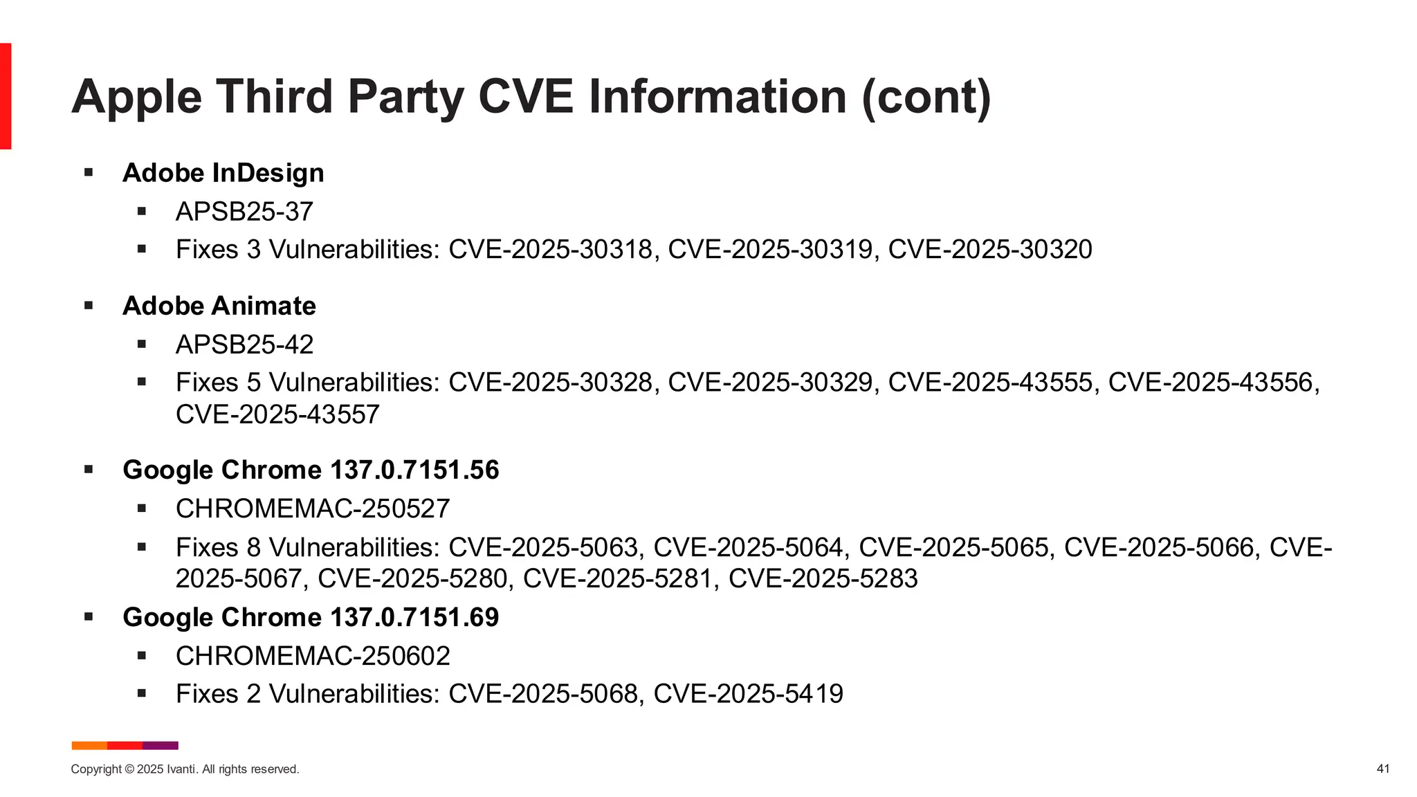 Copyright © 2025 Ivanti. All rights reserved. 41
Apple Third Party CVE Information (cont)
▪ Adobe InDesign
▪ APSB25-37
▪ Fixes 3 Vulnerabilities: CVE-2025-30318, CVE-2025-30319, CVE-2025-30320
▪ Adobe Animate
▪ APSB25-42
▪ Fixes 5 Vulnerabilities: CVE-2025-30328, CVE-2025-30329, CVE-2025-43555, CVE-2025-43556,
CVE-2025-43557
▪ Google Chrome 137.0.7151.56
▪ CHROMEMAC-250527
▪ Fixes 8 Vulnerabilities: CVE-2025-5063, CVE-2025-5064, CVE-2025-5065, CVE-2025-5066, CVE-
2025-5067, CVE-2025-5280, CVE-2025-5281, CVE-2025-5283
▪ Google Chrome 137.0.7151.69
▪ CHROMEMAC-250602
▪ Fixes 2 Vulnerabilities: CVE-2025-5068, CVE-2025-5419
 