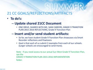 21 CC GOALS/REFLECTIONS/ARTIFACTS
• To do’s:
– Update shared 21CC Document
• ONE DRIVE, SHARED WITH ME, SASK CAREERS, GRADE 9 TRANSTION
PLAN 2015 2016 REFLECTIONS, Grade 9 Transition Plan
– Insert and/or send student artifacts:
• So far, we have student Grade 9 Transition Plan showcases via Smart
Recorder reflections and Powtoons
• Goal is that each of us submit 2 examples from each of our schools.
(Larger schools are encouraged to send more).
Note: If you need access to our actual Sun West Grade 9 Transition Plan,
see the
GRADE 9 TRANSITION PLAN 2015 2016 IMPLMENTATION
folder.
 