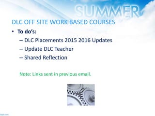 DLC OFF SITE WORK BASED COURSES
• To do’s:
– DLC Placements 2015 2016 Updates
– Update DLC Teacher
– Shared Reflection
Note: Links sent in previous email.
 
